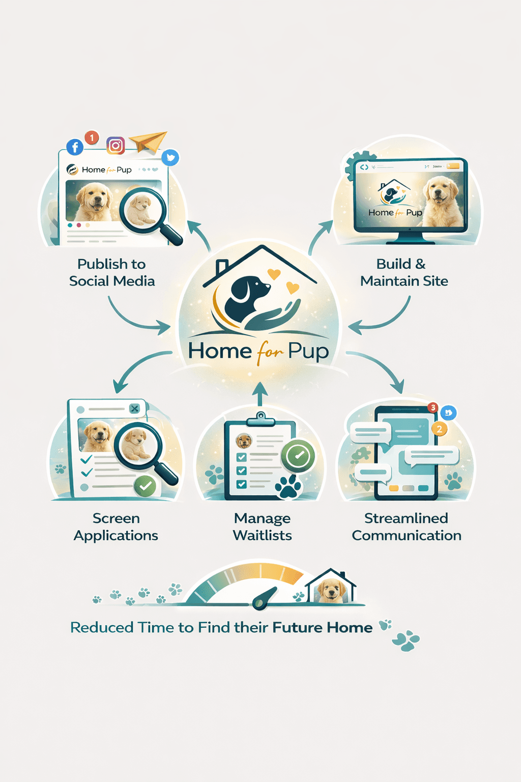 HomeForPup consolidates social media, website building, applications, waitlists, and communication into one AI platform